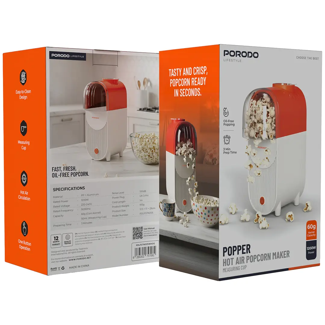 Porodo Lifestyle Popper Hot Air Popcorn Maker with Measuring Cup - White & Orange 2 Porodo Lifestyle Popper Hot Air Popcorn Maker with Measuring Cup - White & Orange - Image 2