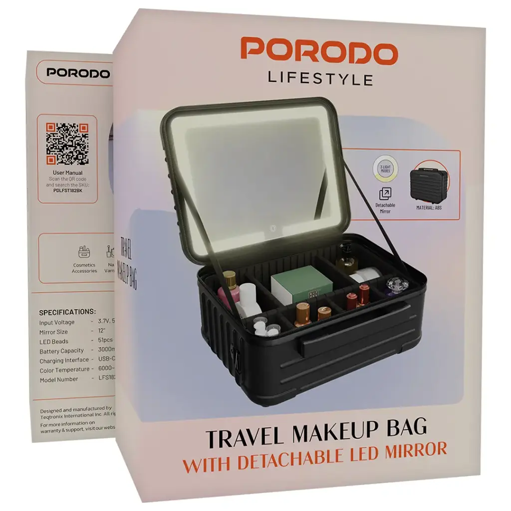 Porodo Lifestyle Travel Makeup Bag with Detachable LED Mirror - Black 4 Porodo Lifestyle Travel Makeup Bag with Detachable LED Mirror - Black - Image 4