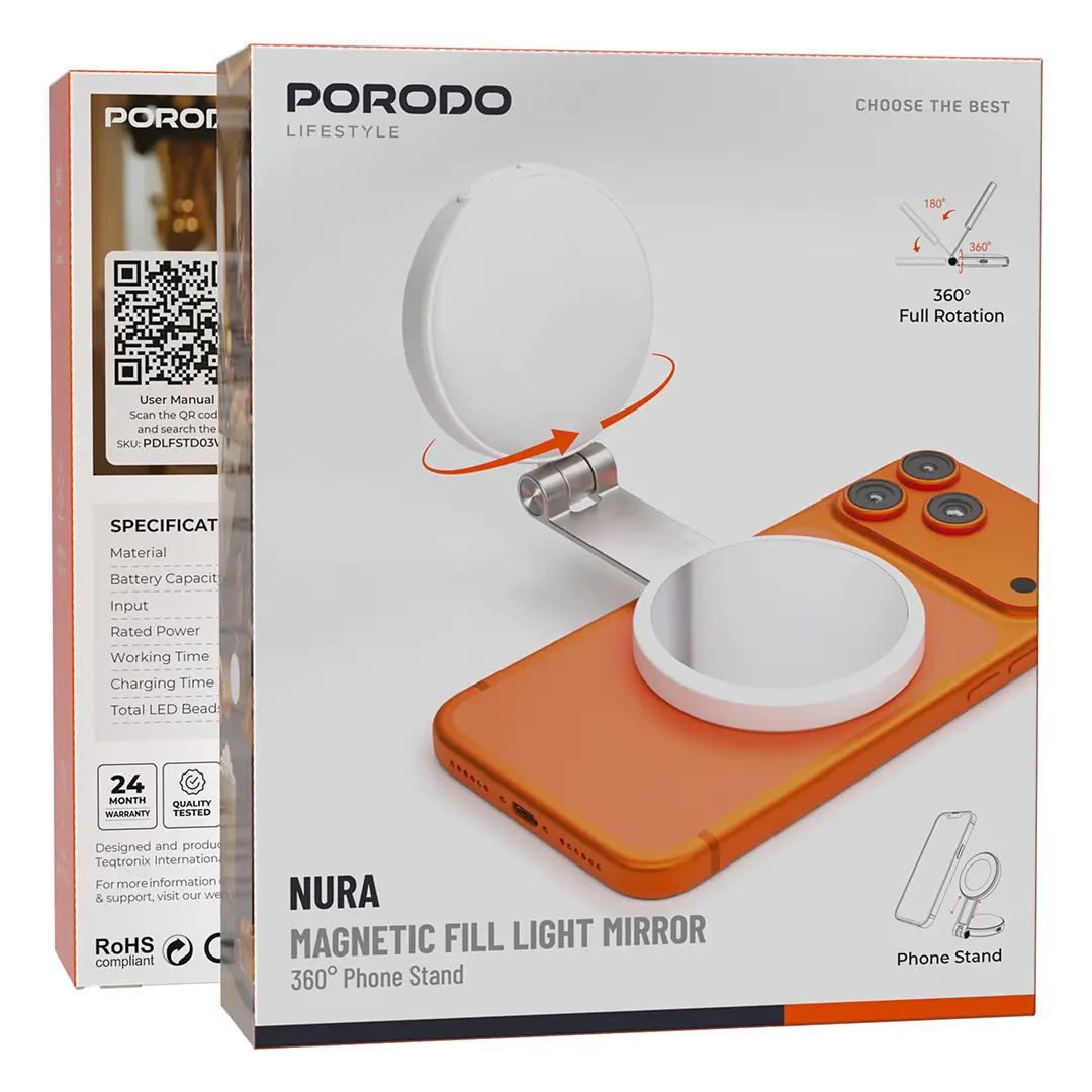 Porodo Nura Magnetic Fill Light Mirror with 360° Phone Stand - White 2 Porodo Nura Magnetic Fill Light Mirror with 360° Phone Stand - White - Image 2