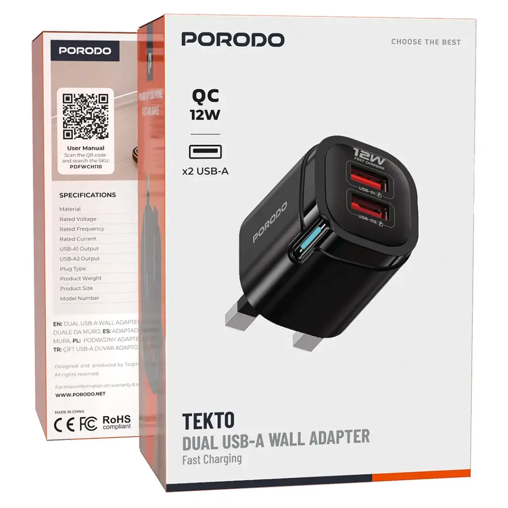 Porodo Tekto Dual USB-A Wall Adapter - Black 2 Porodo Tekto Dual USB-A Wall Adapter - Black - Image 2