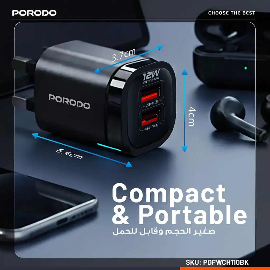 Porodo Tekto Dual USB-A Wall Adapter - Black 4 Porodo Tekto Dual USB-A Wall Adapter - Black - Image 4