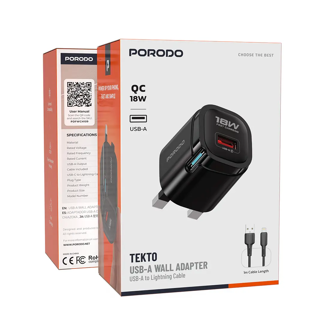 Porodo Tekto USB-A Wall Adapter - Black 2 Porodo Tekto USB-A Wall Adapter - Black - Image 2