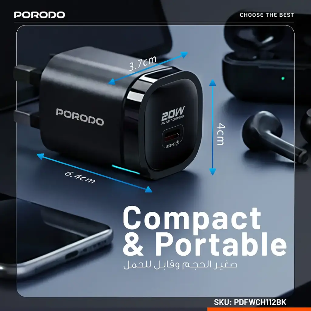 Porodo Tekto USB-C Wall Adapter - Black 6 Porodo Tekto USB-C Wall Adapter - Black - Image 6