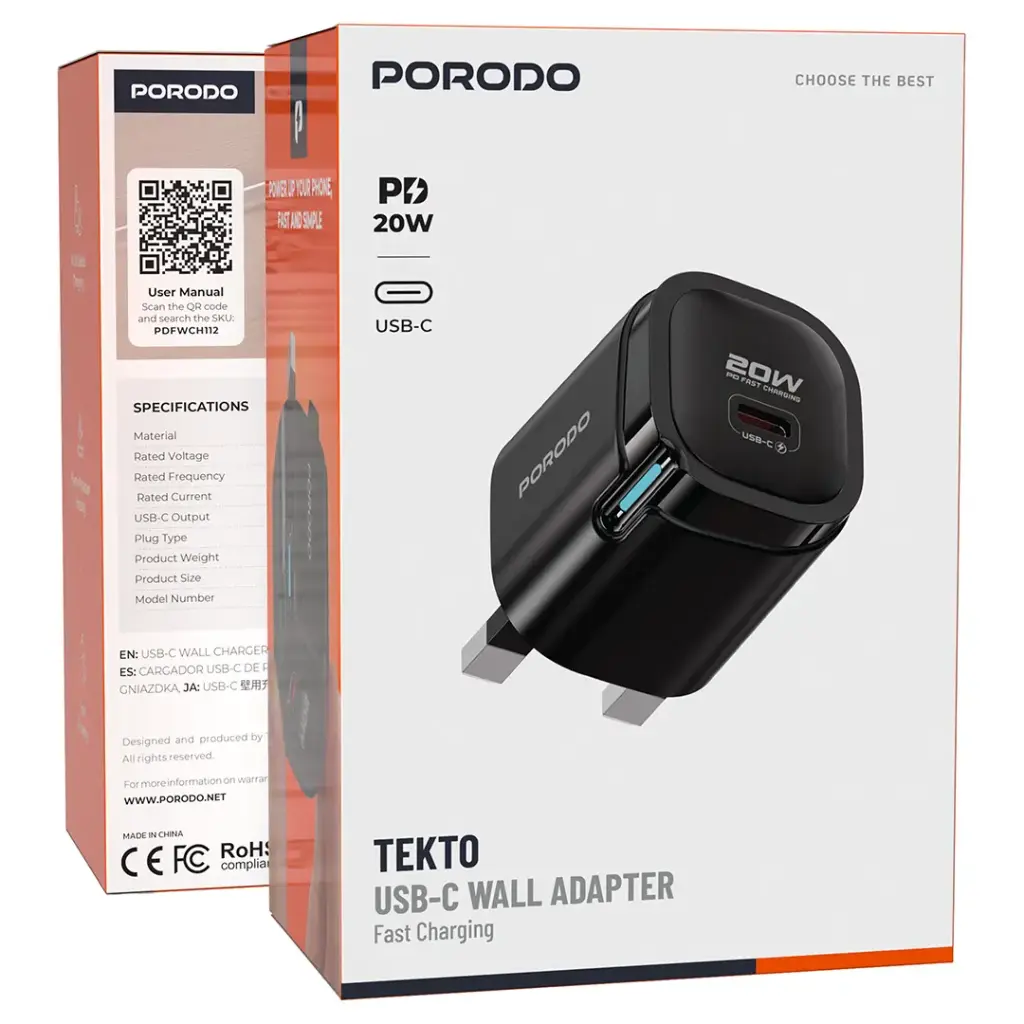 Porodo Tekto USB-C Wall Adapter - Black 2 Porodo Tekto USB-C Wall Adapter - Black - Image 2