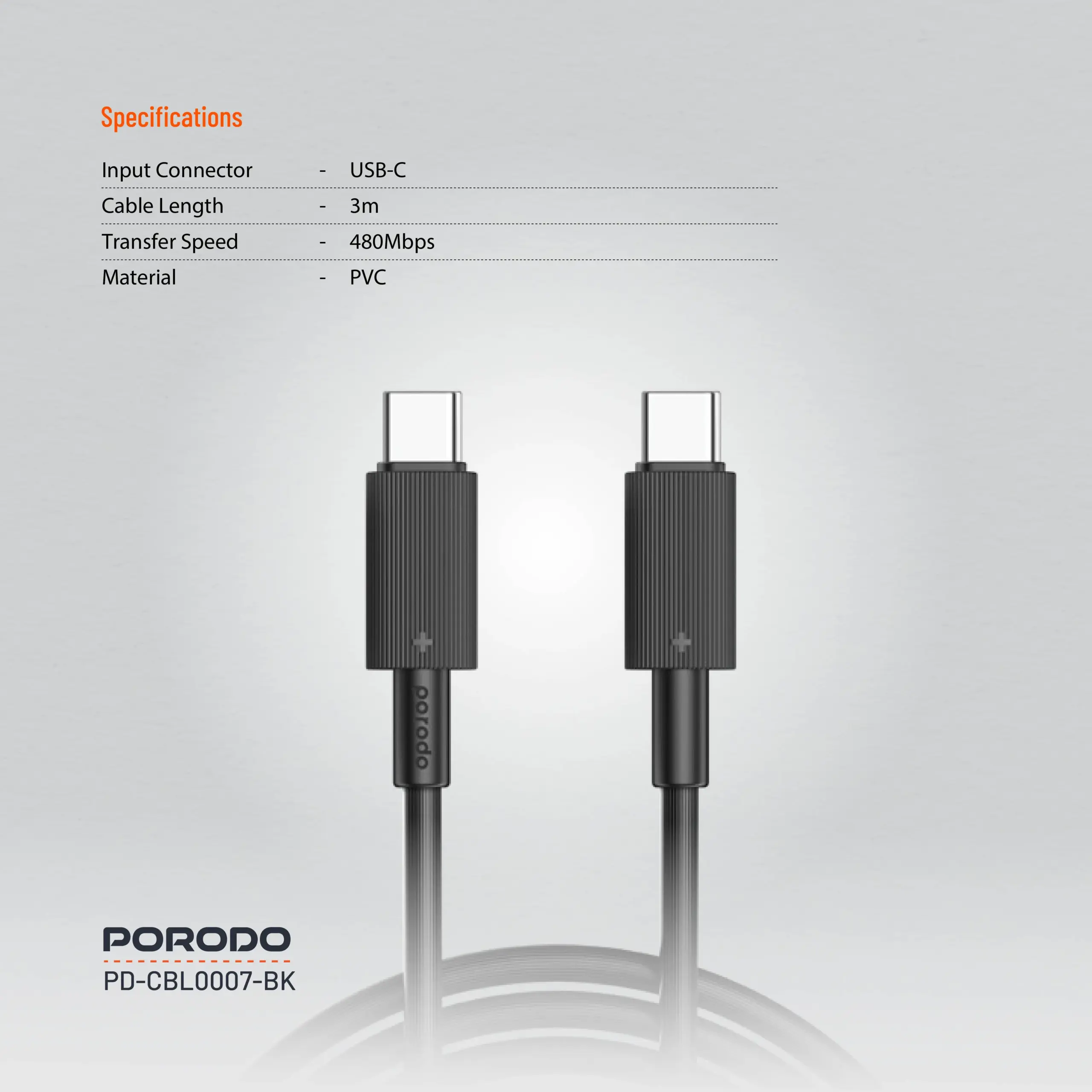 Porodo USB-C to USB-C Durable Charging Cable 3M Black 6 Porodo USB-C to USB-C Durable Charging Cable 3M Black - Image 6