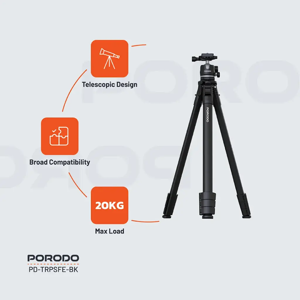 Porodo Ultra-Light Aluminum Tripod - Black 4 Porodo Ultra-Light Aluminum Tripod - Black - Image 4