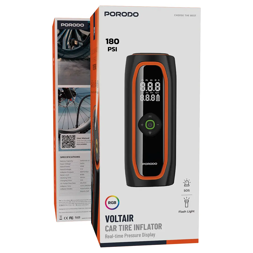 Porodo Voltair Car Tire Inflator with Real-time Pressure Display - Black 3 Porodo Voltair Car Tire Inflator with Real-time Pressure Display - Black - Image 3