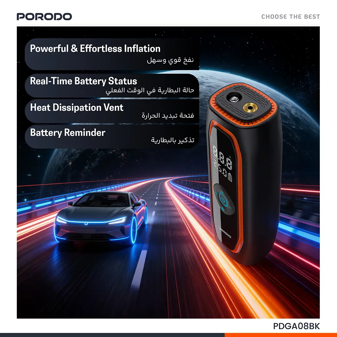 Porodo Voltair Car Tire Inflator with Real-time Pressure Display - Black 5 Porodo Voltair Car Tire Inflator with Real-time Pressure Display - Black - Image 5