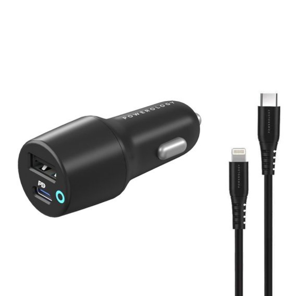 Powerology Dual Port USB Car Charger with USB-C to Lightning Cable 1 Powerology Dual Port USB Car Charger with USB-C to Lightning Cable