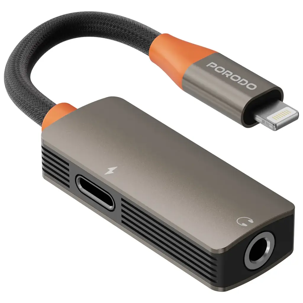Porodo AudioLink Duo Lightning + 3.5mm Jack Audio and Charge Splitter - Black & Orange 1 Porodo AudioLink Duo Lightning + 3.5mm Jack Audio and Charge Splitter - Black & Orange