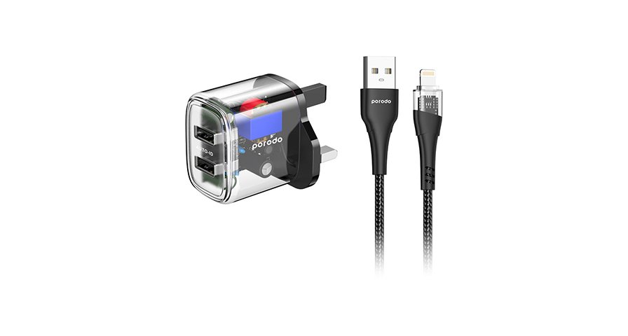 Porodo Dual Output Transparent Charger 2.4A UK with USB-A to USB-C Cable 1 Porodo Dual Output Transparent Charger 2.4A UK with USB-A to USB-C Cable