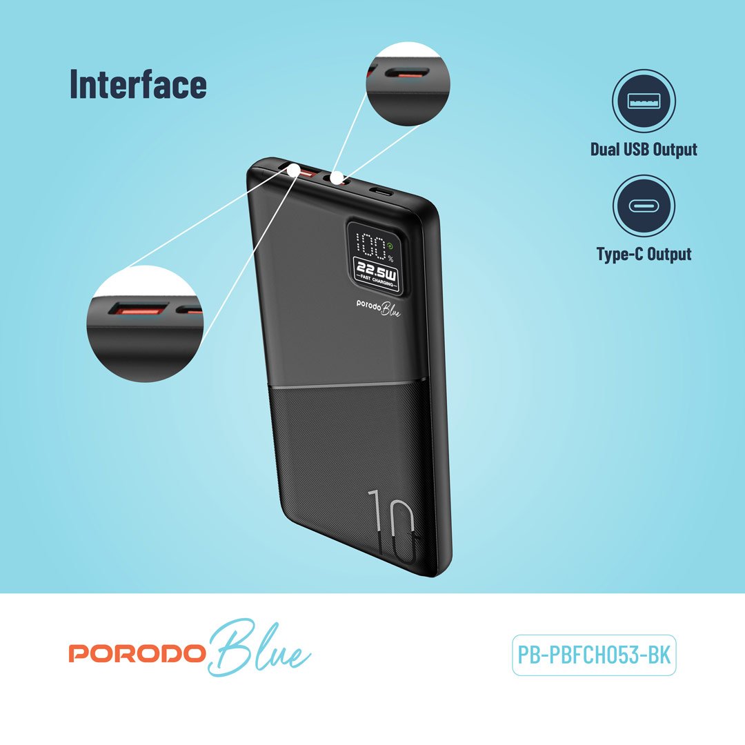 Porodo Blue 10000mAh Quick Charge Power Bank USB-A and USB-C Output 2 Porodo Blue 10000mAh Quick Charge Power Bank USB-A and USB-C Output - Image 2