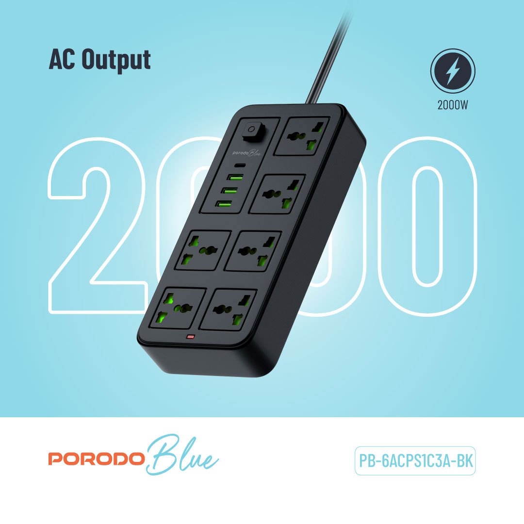 Porodo Blue 6 Universal Sockets Power Strip 3M 4 Porodo Blue 6 Universal Sockets Power Strip 3M - Image 4