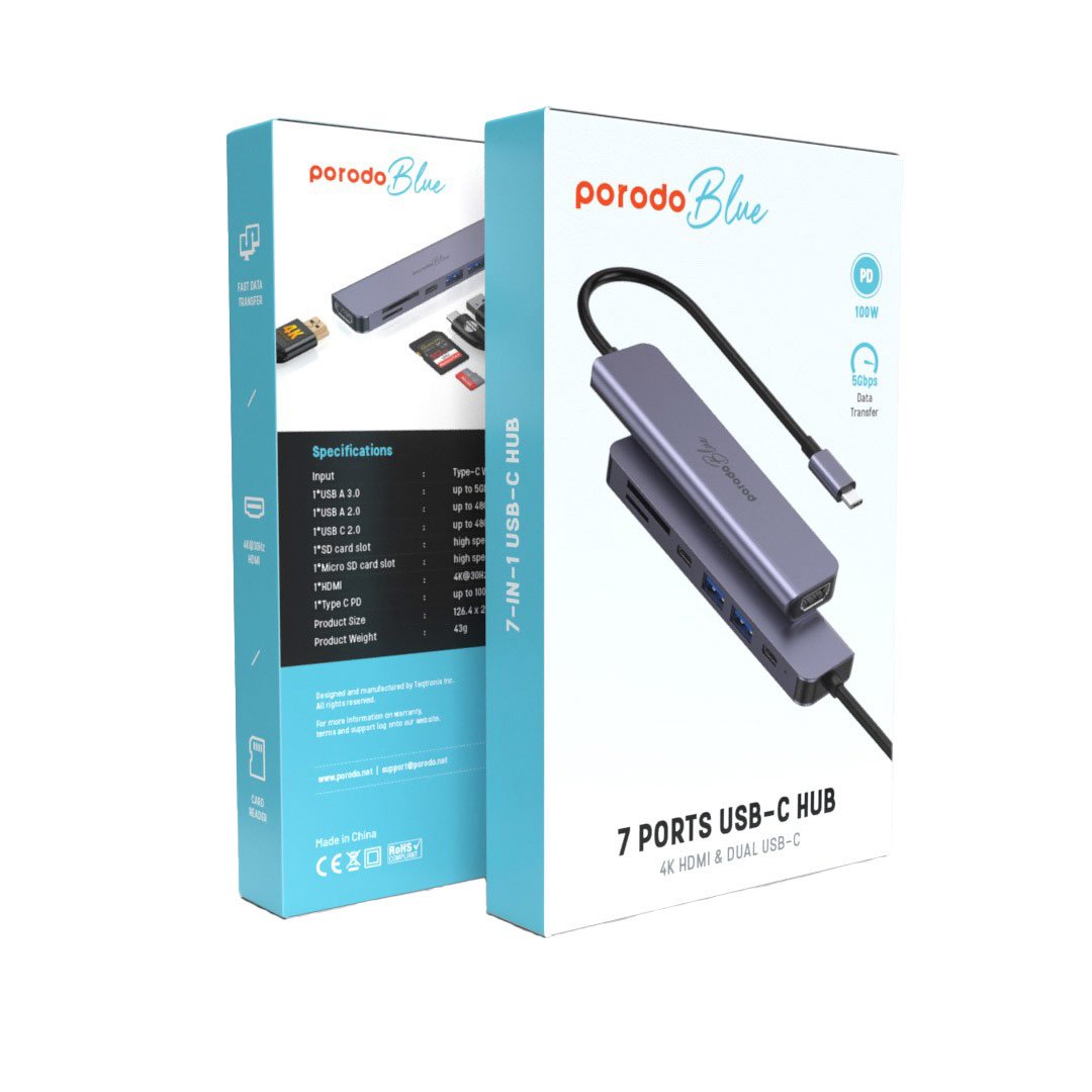 Porodo Blue 7 In 1 Hub HDMI 2XUSB-A 2XUSB-C SD MicroSD 4 Porodo Blue 7 In 1 Hub HDMI 2XUSB-A 2XUSB-C SD MicroSD - Image 4
