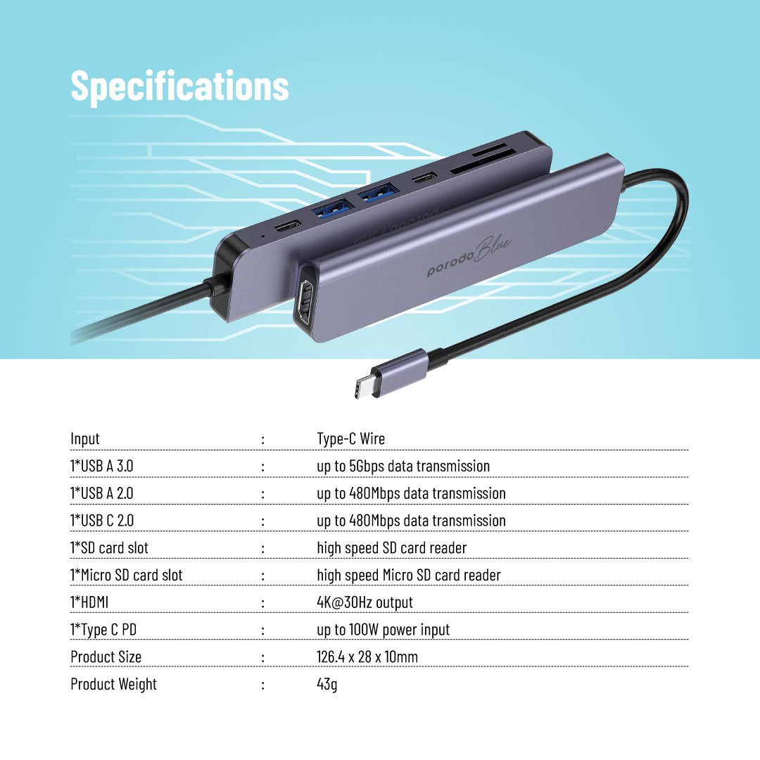 Porodo Blue 7 In 1 Hub HDMI 2XUSB-A 2XUSB-C SD MicroSD 5 Porodo Blue 7 In 1 Hub HDMI 2XUSB-A 2XUSB-C SD MicroSD - Image 5