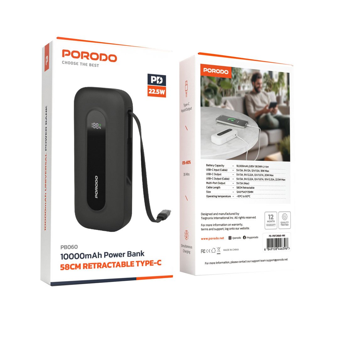 Porodo 10000mAh Power bank 58cm Retractable Type-C 2 Porodo 10000mAh Power bank 58cm Retractable Type-C - Image 2