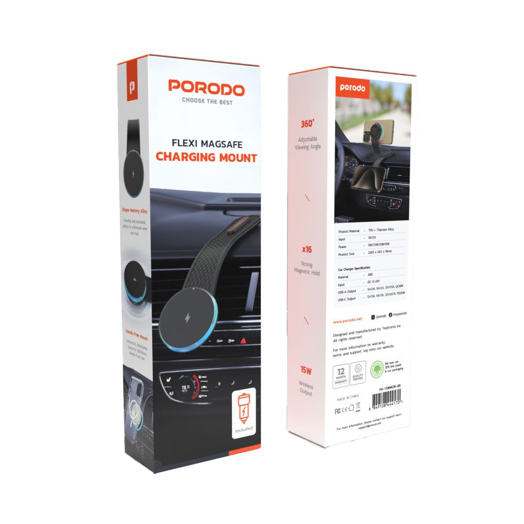 Porodo 15W Magnetic Wireless Car Mount with Dual Port Car Charger & C-C Cable 1M- Black 4 Porodo 15W Magnetic Wireless Car Mount with Dual Port Car Charger & C-C Cable 1M- Black - Image 4