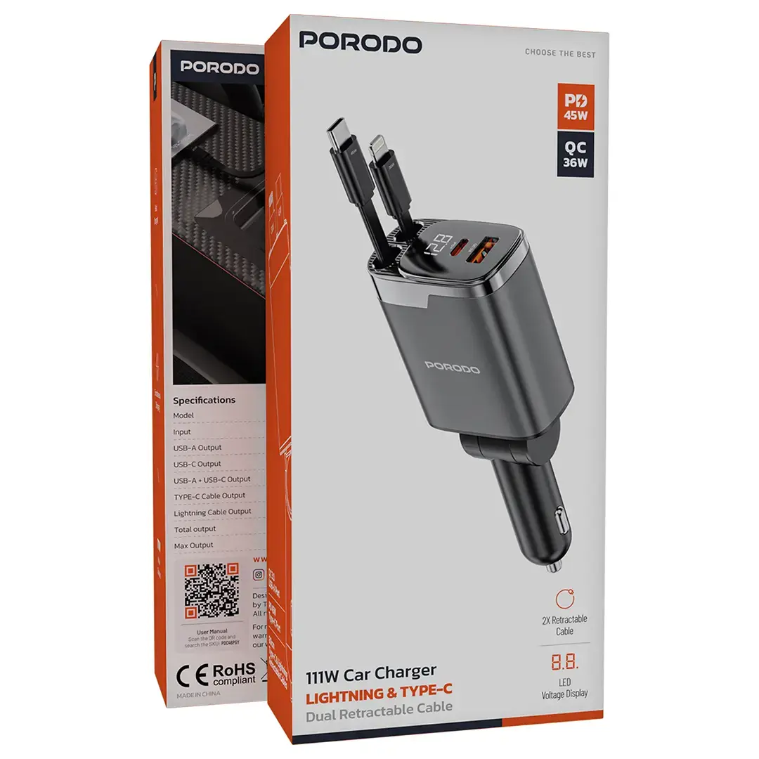 Porodo 111W Car Charger with Lightning & Type-C Retractable Cables 5 Porodo 111W Car Charger with Lightning & Type-C Retractable Cables - Image 5