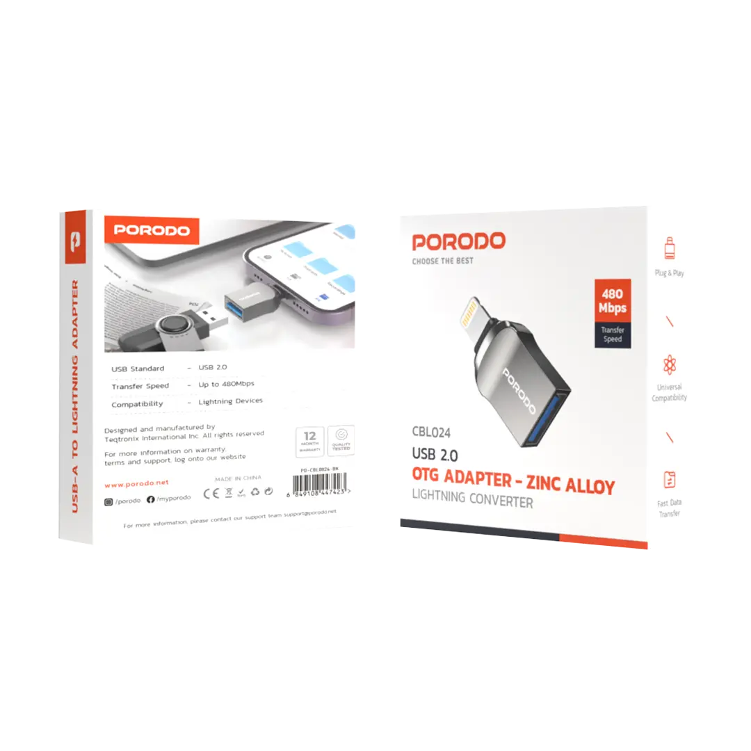 Porodo Lightning OTG Adapter - Zinc Alloy 2 Porodo Lightning OTG Adapter - Zinc Alloy - Image 2