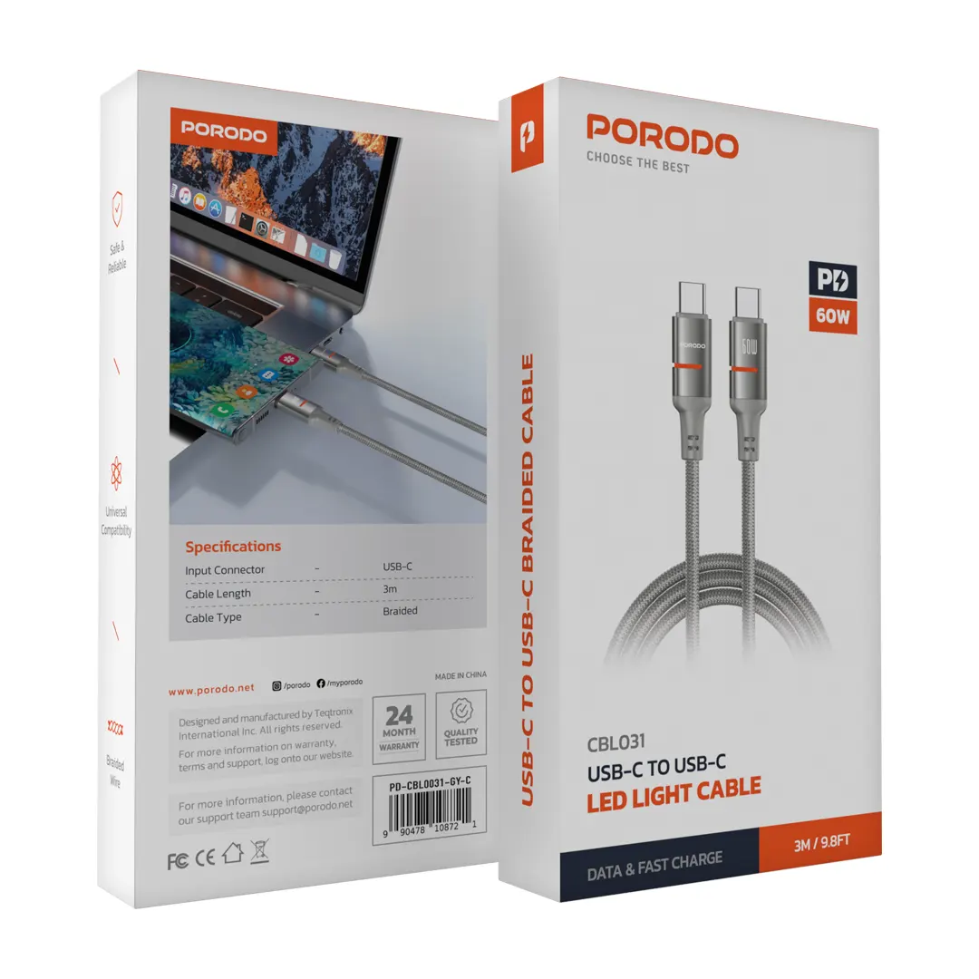 Porodo 60W Type-C to Type-C Braided Cable 3M 2 Porodo 60W Type-C to Type-C Braided Cable 3M - Image 2