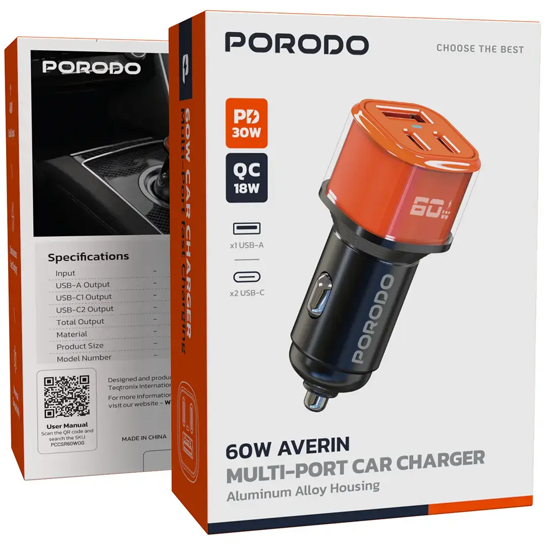 Porodo 60W Averin Multi-Port Car Charger with Aluminum Alloy Housing - Orange 4 Porodo 60W Averin Multi-Port Car Charger with Aluminum Alloy Housing - Orange - Image 4