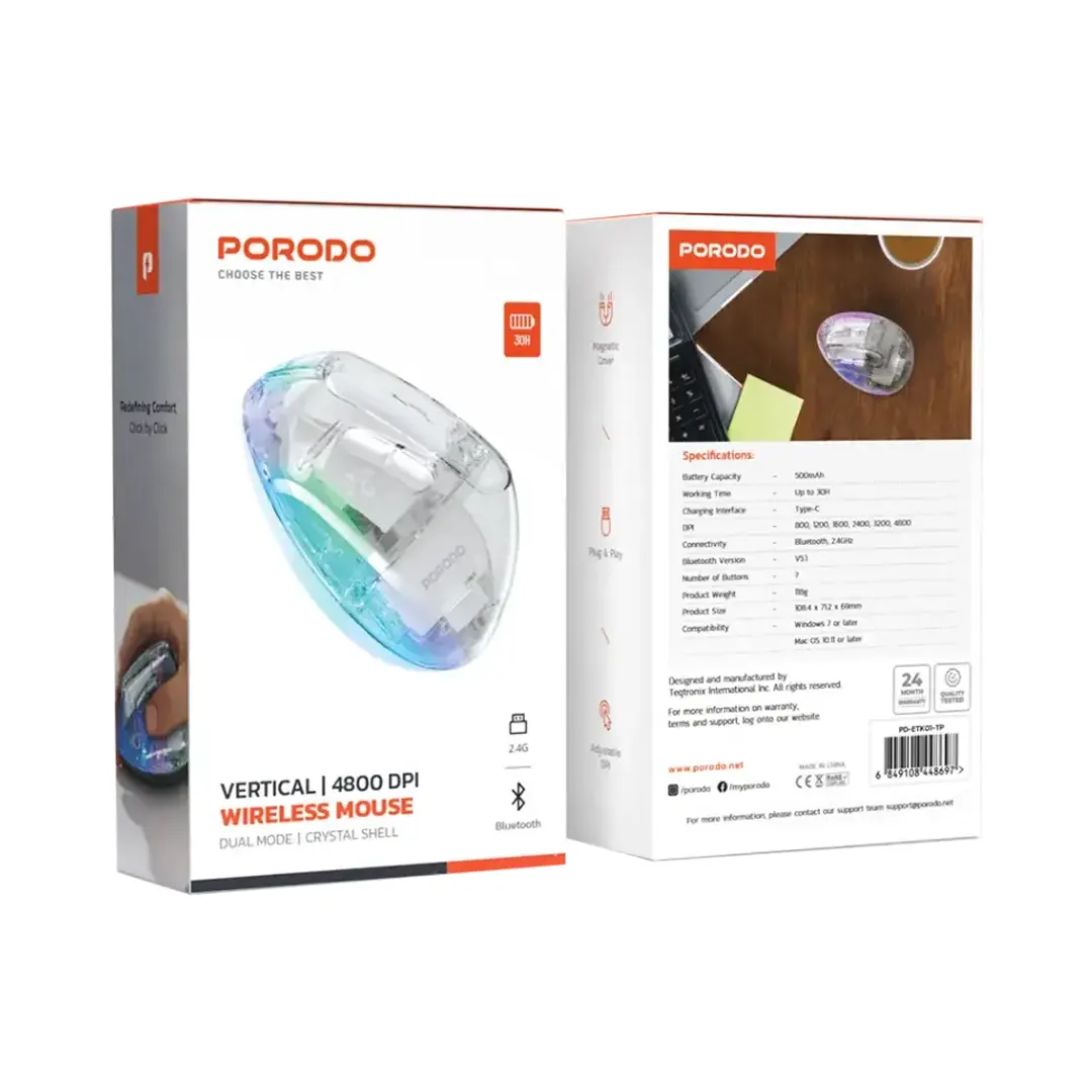 Porodo Vertical 4800 DPI Wireless Mouse - Transparent 2 Porodo Vertical 4800 DPI Wireless Mouse - Transparent - Image 2