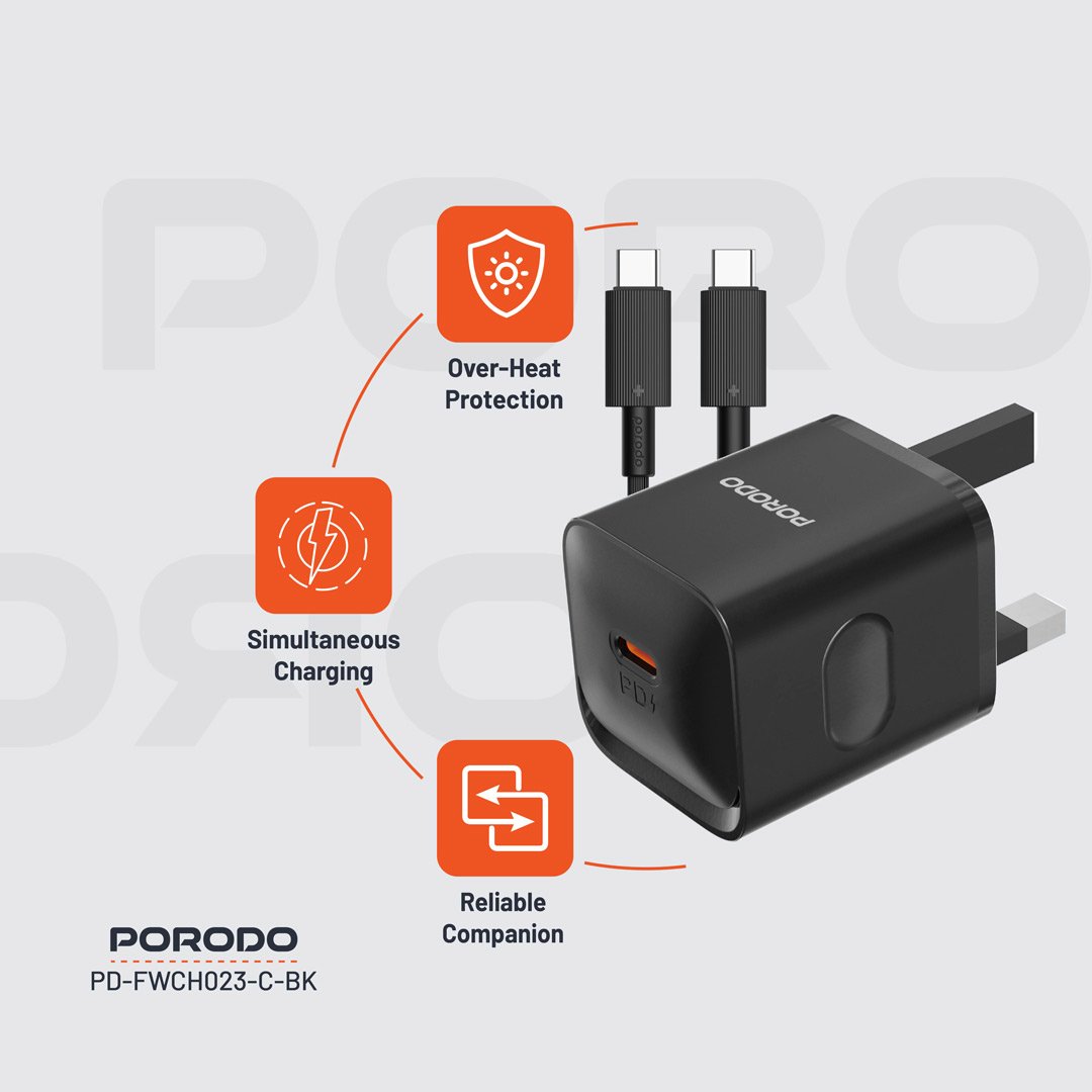 Porodo USB-C Power Delivery Wall Charger with Type-C Cable 4 Porodo USB-C Power Delivery Wall Charger with Type-C Cable - Image 4