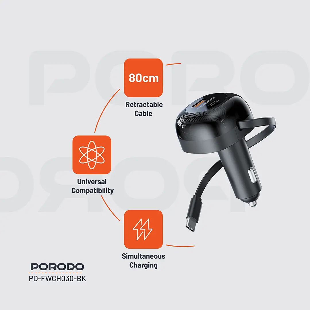 Porodo Dual Port Car Charger 80cm Retractable Type-C Cable 6 Porodo Dual Port Car Charger 80cm Retractable Type-C Cable - Image 6