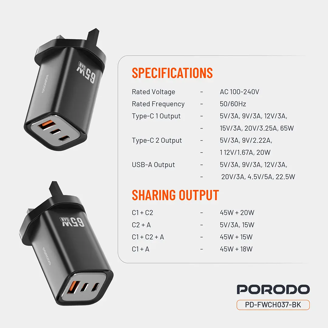 Porodo 65W Triple Output Quick Wall Charger 2 Porodo 65W Triple Output Quick Wall Charger - Image 2
