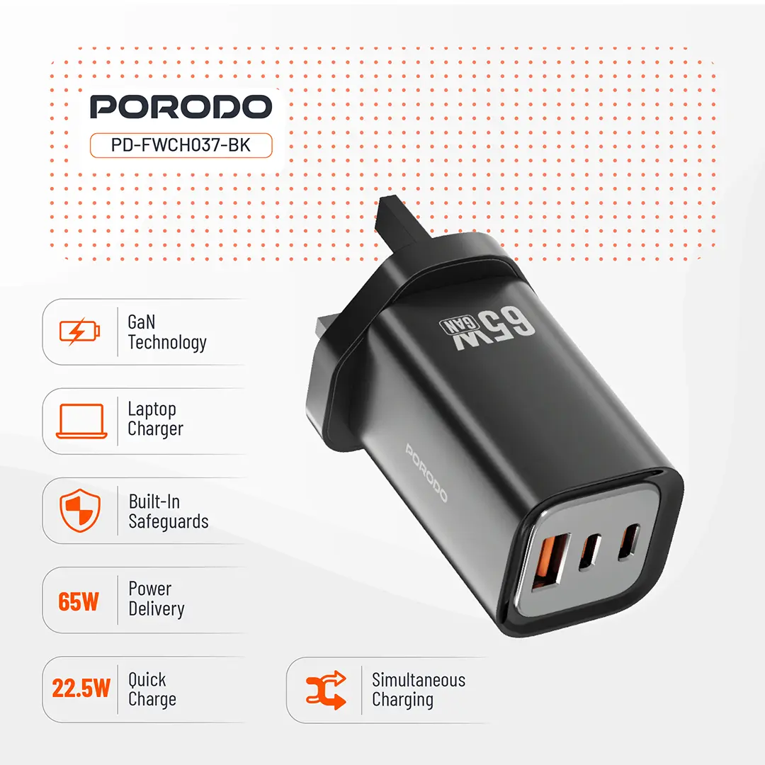 Porodo 65W Triple Output Quick Wall Charger 3 Porodo 65W Triple Output Quick Wall Charger - Image 3