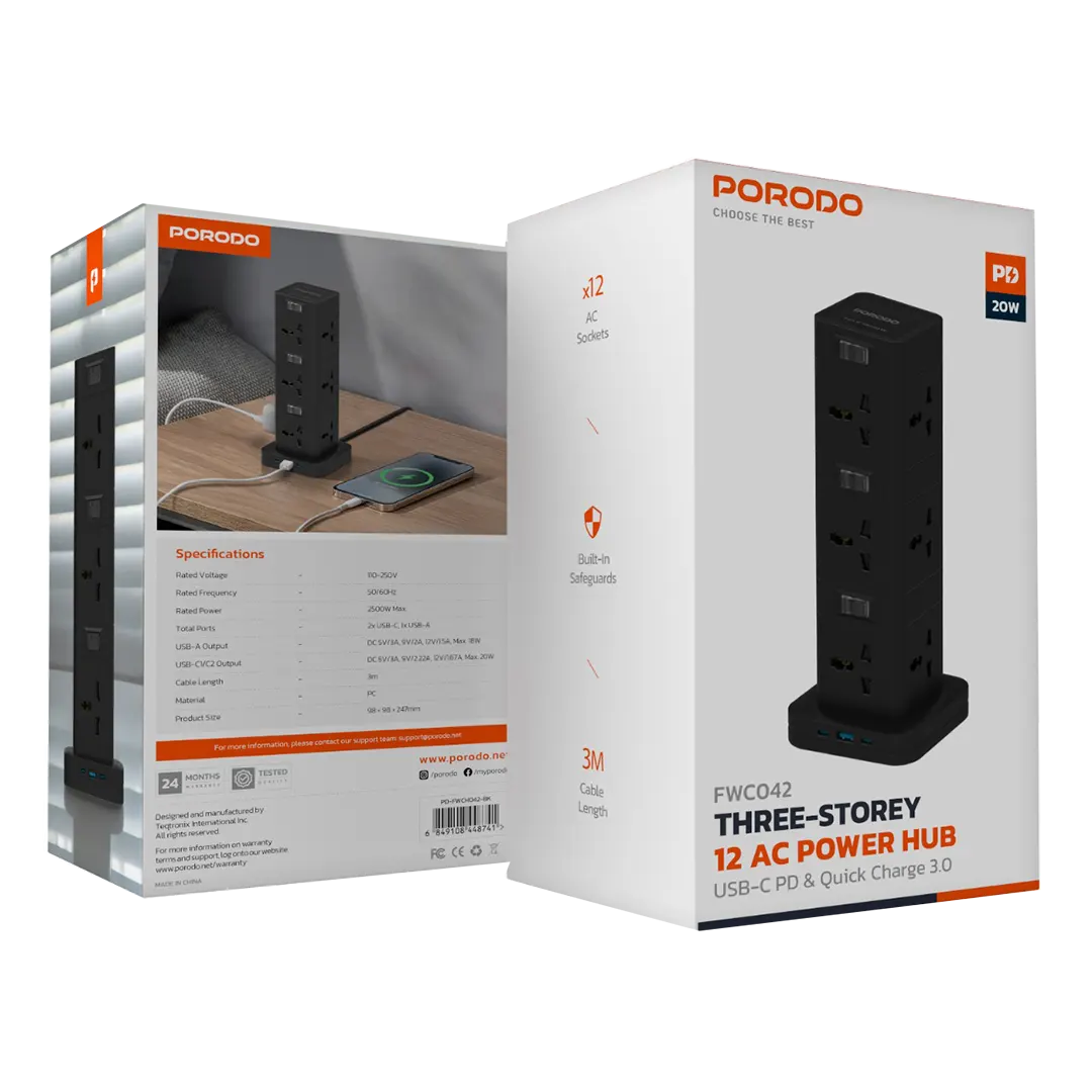 Porodo Three-Story 12AC Power Hub With USB-C PD & Quick Charge 3.0 2 Porodo Three-Story 12AC Power Hub With USB-C PD & Quick Charge 3.0 - Image 2