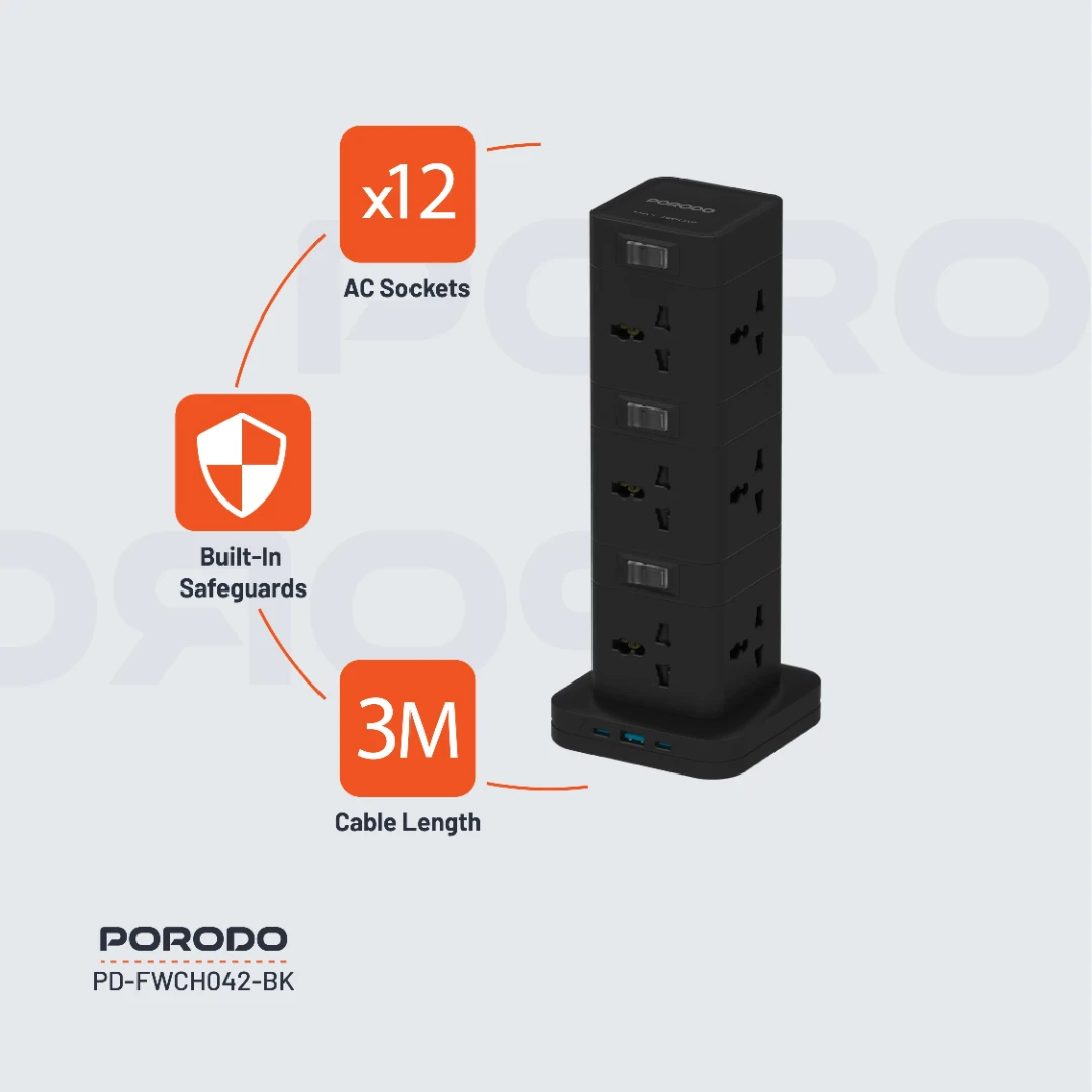 Porodo Three-Story 12AC Power Hub With USB-C PD & Quick Charge 3.0 3 Porodo Three-Story 12AC Power Hub With USB-C PD & Quick Charge 3.0 - Image 3