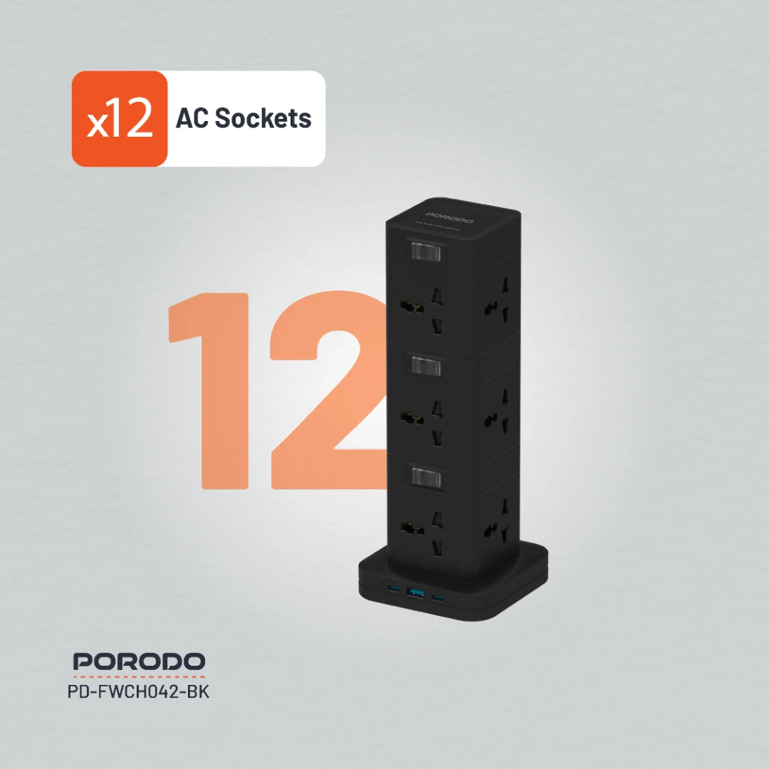 Porodo Three-Story 12AC Power Hub With USB-C PD & Quick Charge 3.0 6 Porodo Three-Story 12AC Power Hub With USB-C PD & Quick Charge 3.0 - Image 6
