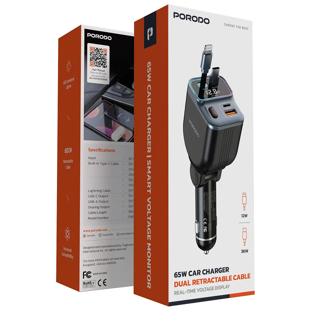 Porodo 65W Car Charger Dual Retractable Cable 3 Porodo 65W Car Charger Dual Retractable Cable - Image 3