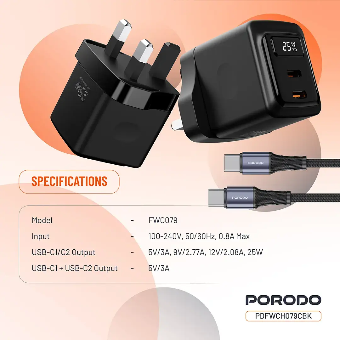 Porodo GaN 25W Dual USB-C Wall Charger With Type-C to Type-C/Lightning Cable 2 Porodo GaN 25W Dual USB-C Wall Charger With Type-C to Type-C/Lightning Cable - Image 2
