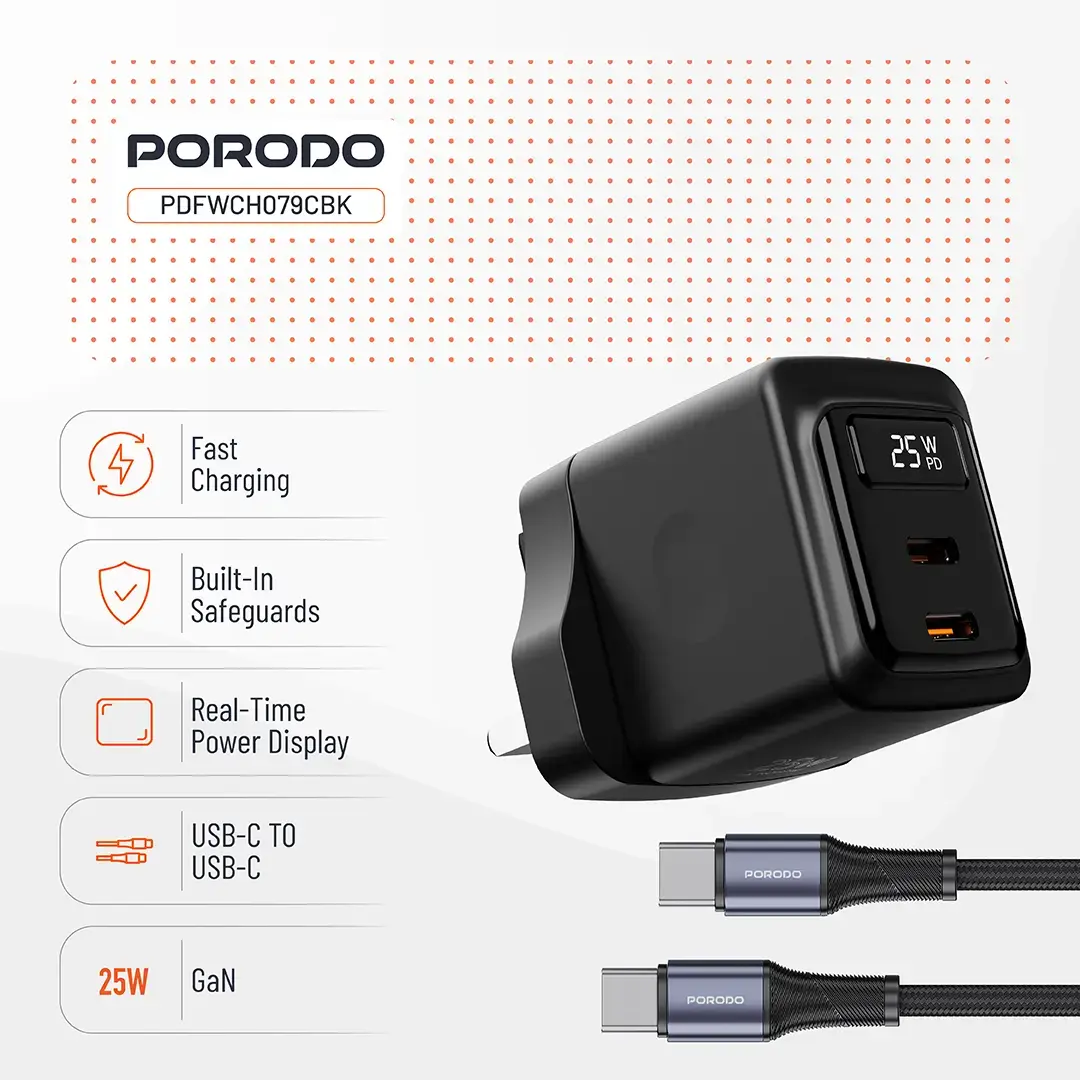 Porodo GaN 25W Dual USB-C Wall Charger With Type-C to Type-C/Lightning Cable 3 Porodo GaN 25W Dual USB-C Wall Charger With Type-C to Type-C/Lightning Cable - Image 3
