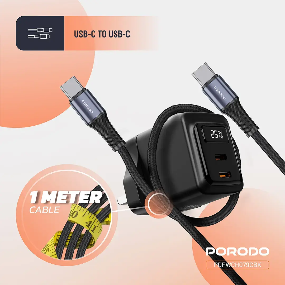 Porodo GaN 25W Dual USB-C Wall Charger With Type-C to Type-C/Lightning Cable 4 Porodo GaN 25W Dual USB-C Wall Charger With Type-C to Type-C/Lightning Cable - Image 4