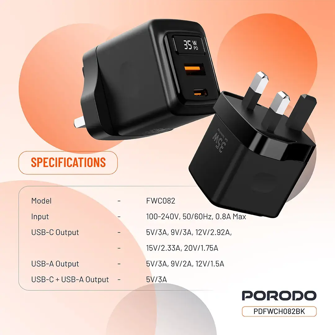 Porodo GaN 35W Dual Port Wall Charger with Power Display 2 Porodo GaN 35W Dual Port Wall Charger with Power Display - Image 2