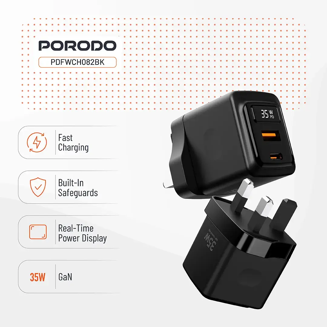 Porodo GaN 35W Dual Port Wall Charger with Power Display 3 Porodo GaN 35W Dual Port Wall Charger with Power Display - Image 3