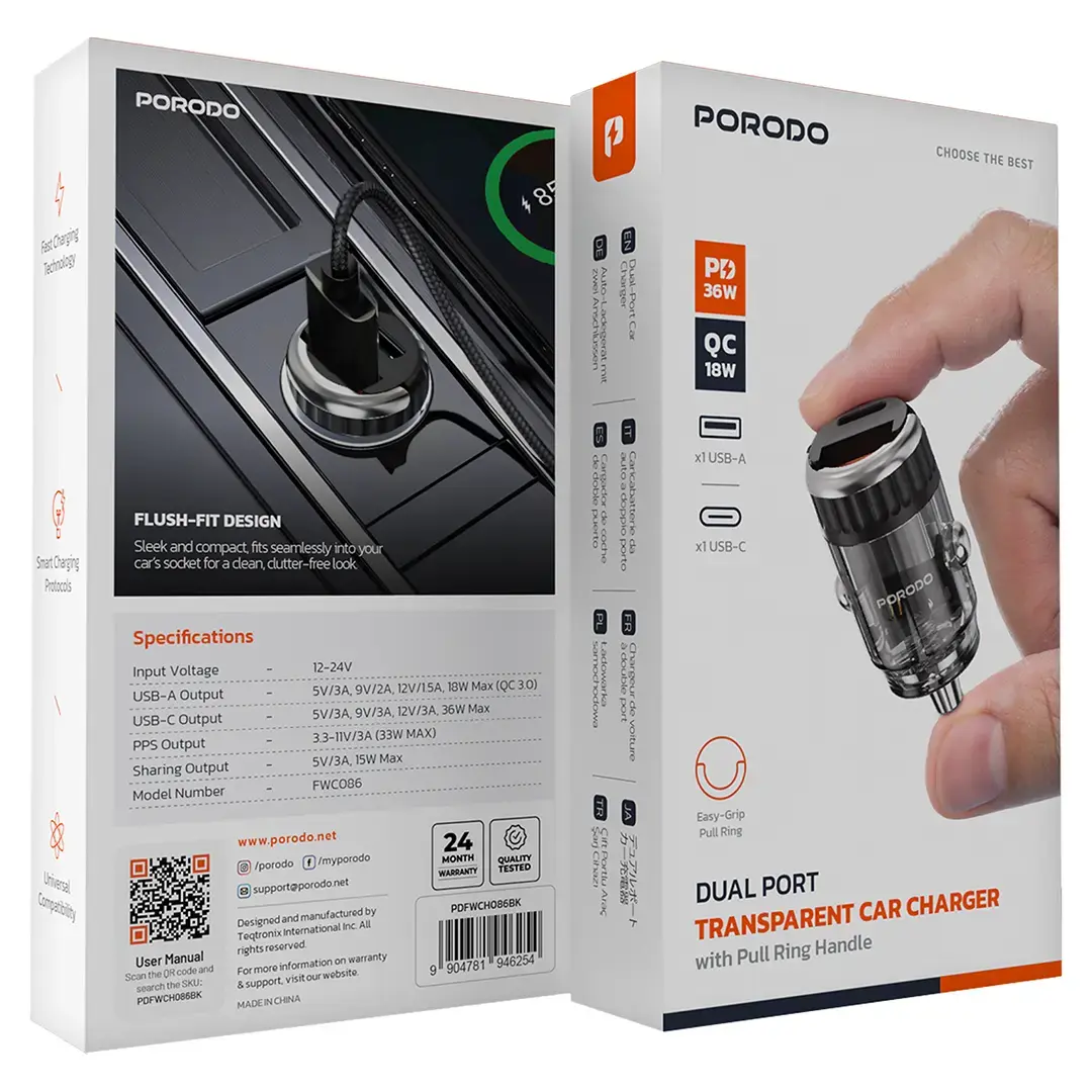 Porodo Dual Port Transparent Car Charger With Pull Ring Handle 2 Porodo Dual Port Transparent Car Charger With Pull Ring Handle - Image 2