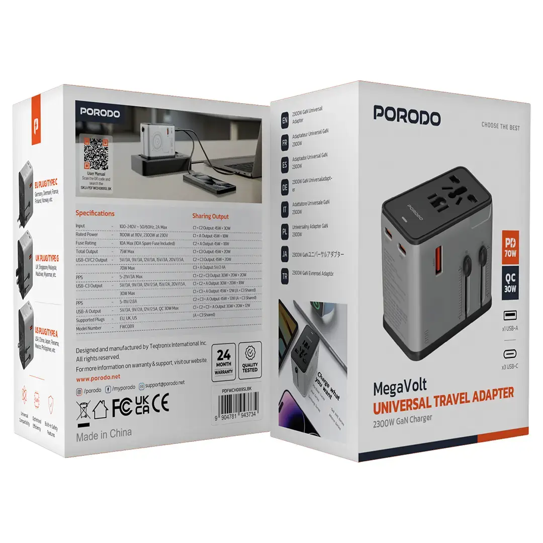 Porodo Mega Volt Universal Travel Adapter - Silver Black 2 Porodo Mega Volt Universal Travel Adapter - Silver Black - Image 2