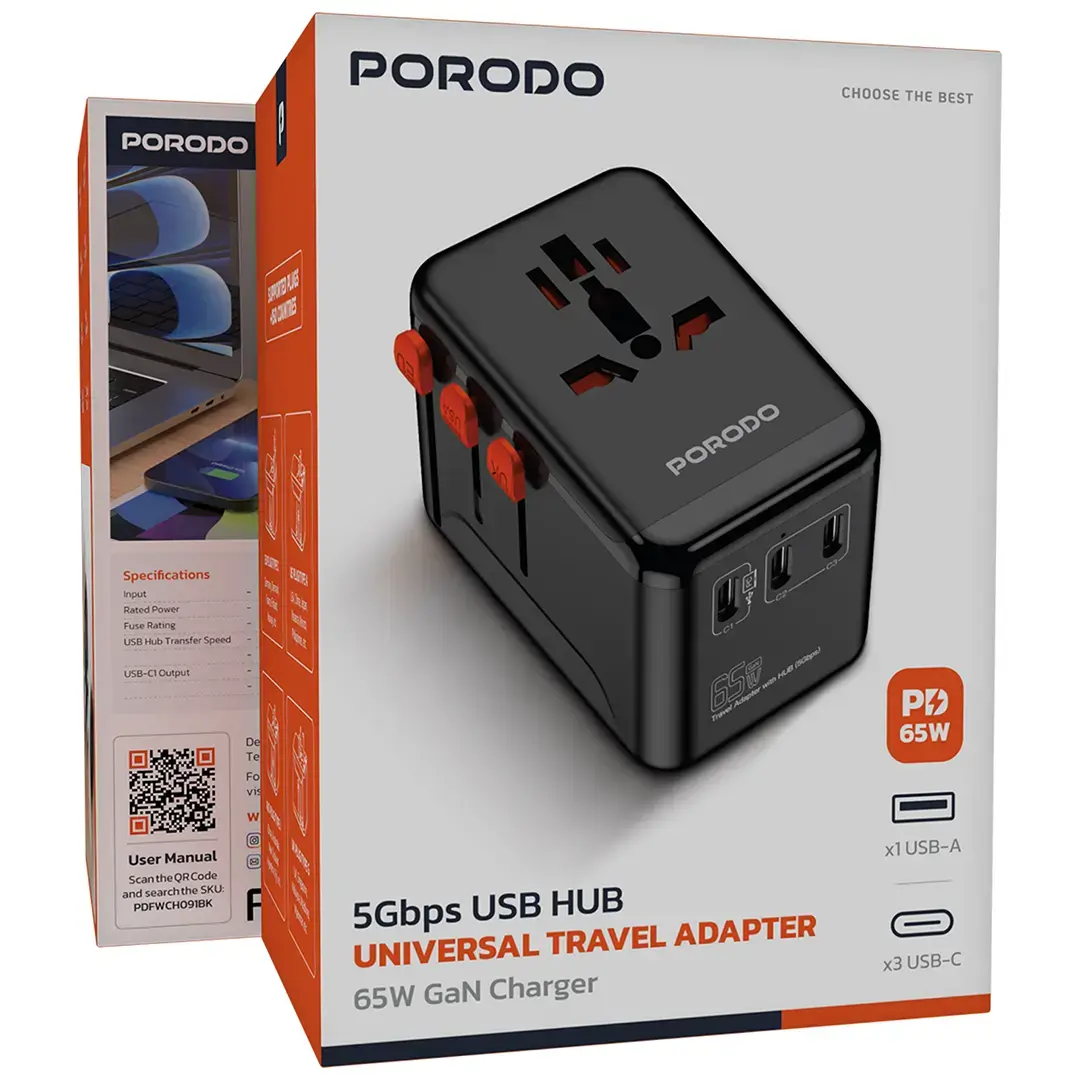 Porodo 5Gbps USB HUB Universal Travel Adapter 65W GaN Charger 2 Porodo 5Gbps USB HUB Universal Travel Adapter 65W GaN Charger - Image 2
