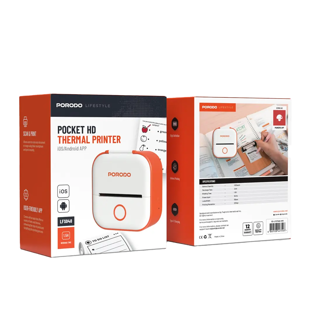 Porodo Lifestyle Pocket HD Thermal Printer - White/Orange 3 Porodo Lifestyle Pocket HD Thermal Printer - White/Orange - Image 3