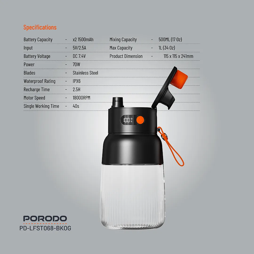 Porodo Lifestyle Blend & Sip Portable Blender - Black/Orange 5 Porodo Lifestyle Blend & Sip Portable Blender - Black/Orange - Image 5