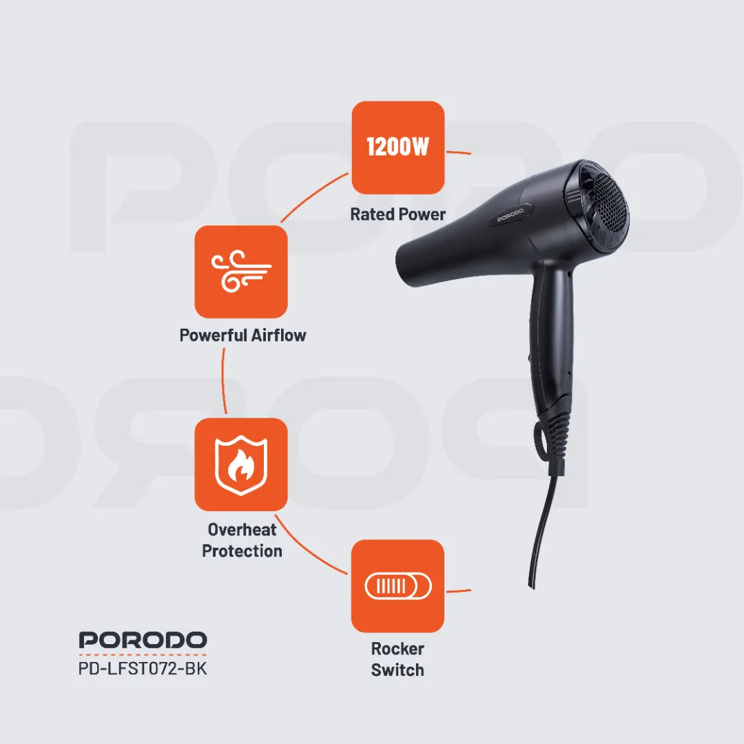 Porodo Lifestyle 1200W Hair Dryer 1.8M Cable 2 Porodo Lifestyle 1200W Hair Dryer 1.8M Cable - Image 2