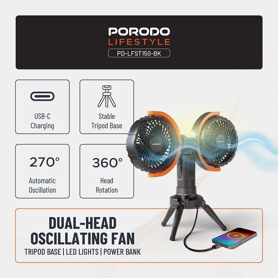 Porodo Lifestyle Dual-Head Oscillating Fan 3 Porodo Lifestyle Dual-Head Oscillating Fan - Image 3