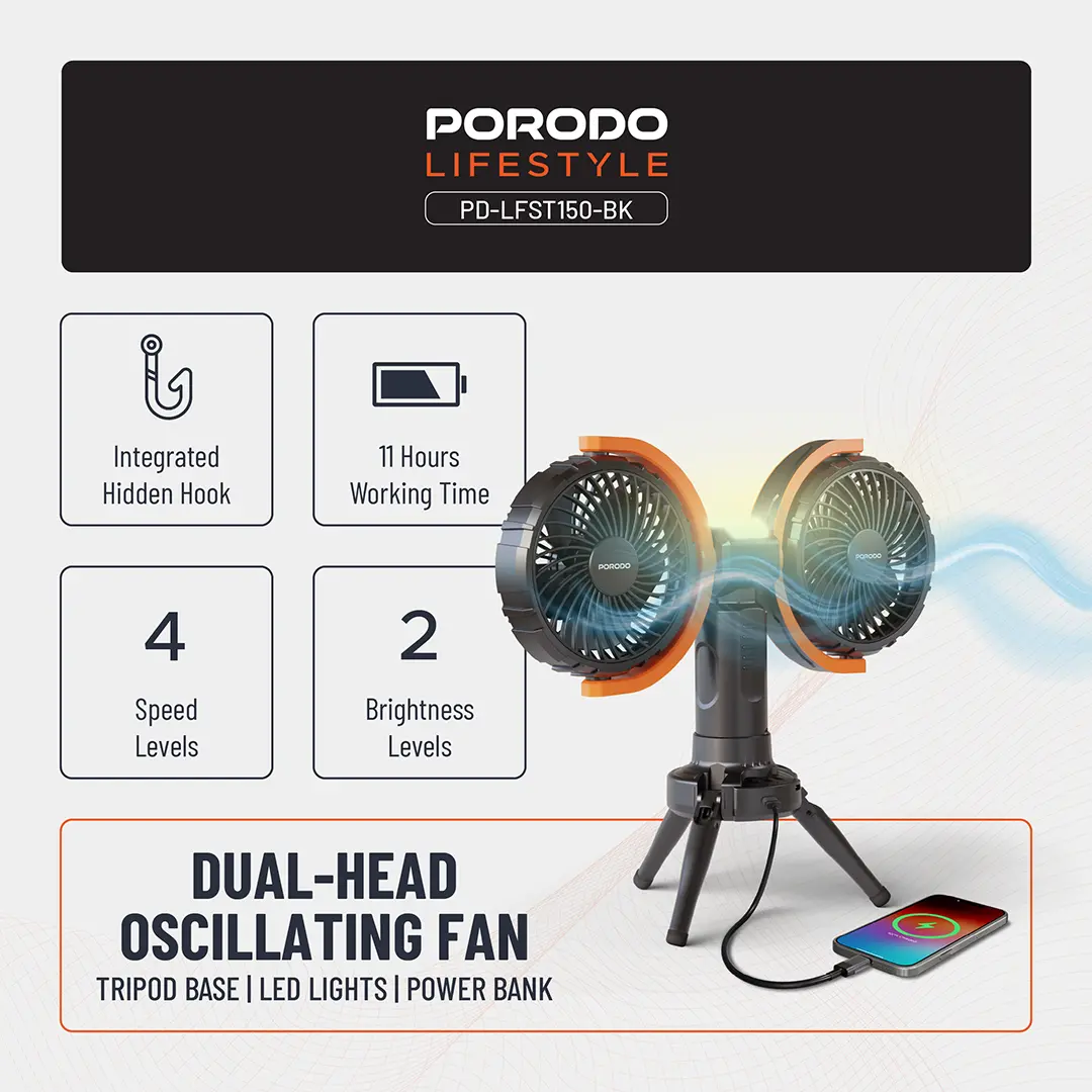 Porodo Lifestyle Dual-Head Oscillating Fan 4 Porodo Lifestyle Dual-Head Oscillating Fan - Image 4