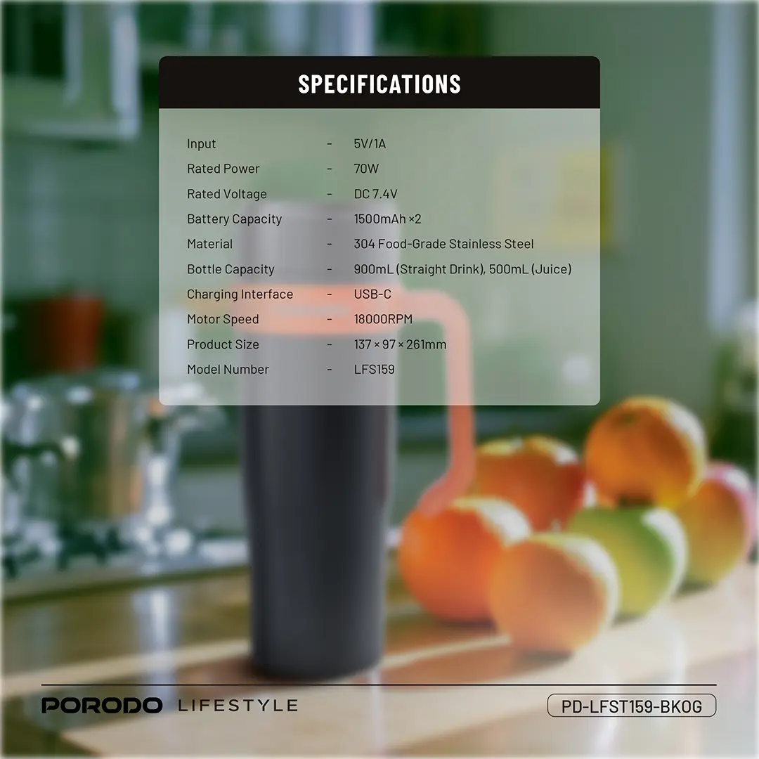 Porodo Lifestyle 6-Blade Portable Blender - Black/Orange 2 Porodo Lifestyle 6-Blade Portable Blender - Black/Orange - Image 2