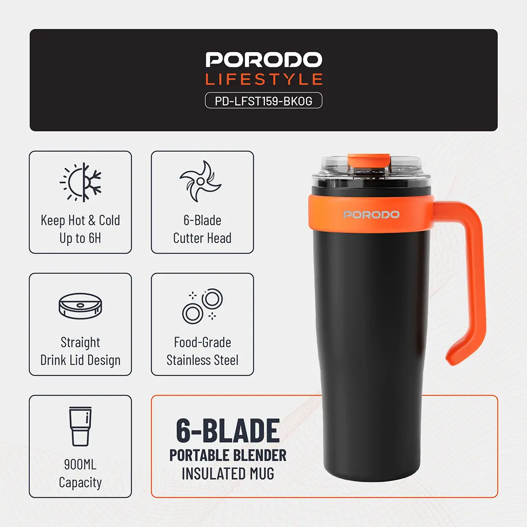 Porodo Lifestyle 6-Blade Portable Blender - Black/Orange 3 Porodo Lifestyle 6-Blade Portable Blender - Black/Orange - Image 3