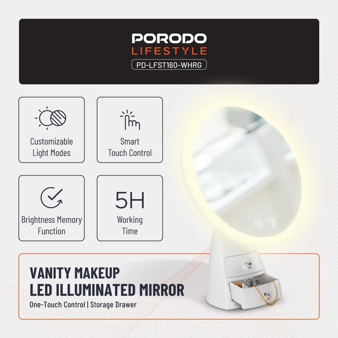 Porodo lifestyle Led Illuminated Mirror - White/Rose Gold 3 Porodo lifestyle Led Illuminated Mirror - White/Rose Gold - Image 3